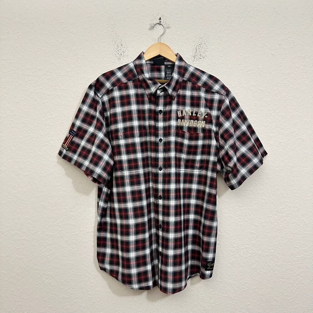 HARLEY DAVIDSON Plaid Shirt Red Black Cotton Button Up Biker Motorcycle
